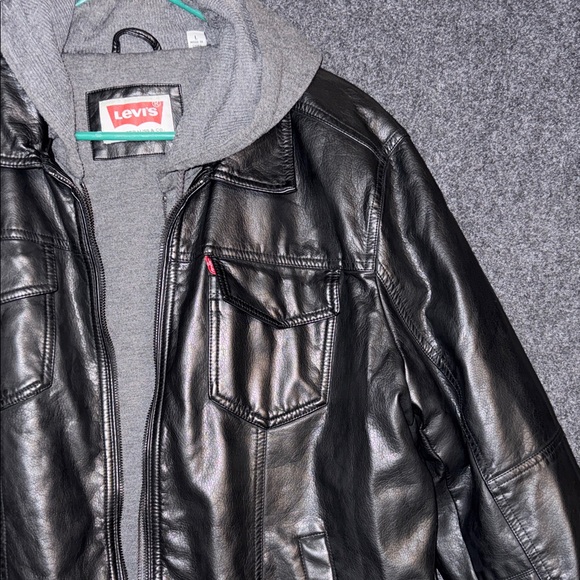 Levi's Black Faux Leather Jacket with hood for Men Large - Picture 4 of 11